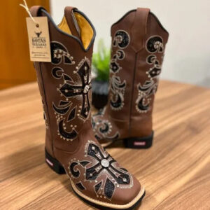 Texana Amora 2.0 - Couro Horse Nescau/Laser Bordado Cruz Glitter Preto