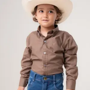 CAMISA MASCULINA MINI MANGA LONGA TEXAS FARM - MARROM CAQUI ESCURO