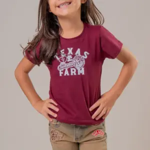 CAMISETA FEMININA INFANTIL TEXAS FARM - VERMELHO VINHO/ BRANCO