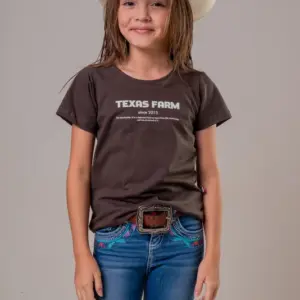 CAMISETA FEMININA JUVENIL TEXAS FARM - MARROM CAFE/ OFF WHITE