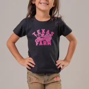 CAMISETA FEMININA INFANTIL TEXAS FARM - PRETO/ ROSA