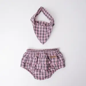 CONJUNTO TAPA FRALDA/ BANDANA FEMININO BABY RANCH - XADREZ ROSA/ CINZA